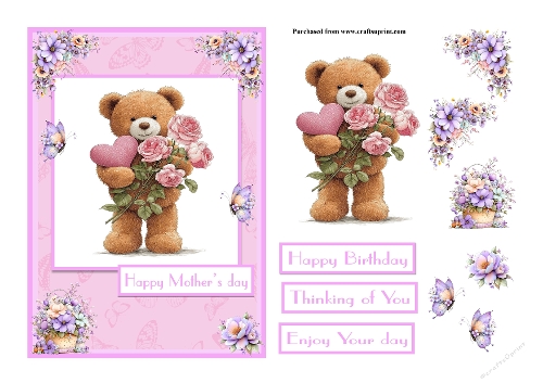 Teddy Bear with roses greeting card for Mothers day and birthday