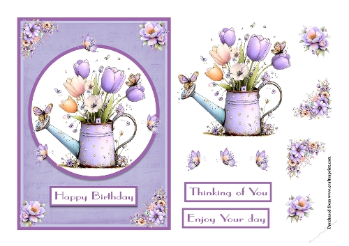 Springly flowers watering can and butterflies greeting card