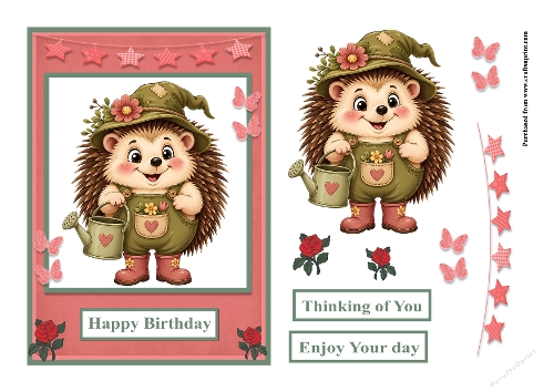 Hedgehog with watering can and flowers greeting card