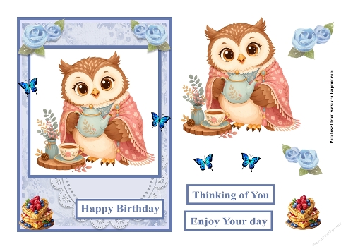 Owl with cup of tea greeting card
