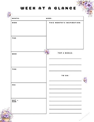Simple Planner Week at Glance One Page with beautiful flowers