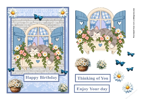 Sleeping cat and flowers greeting card
