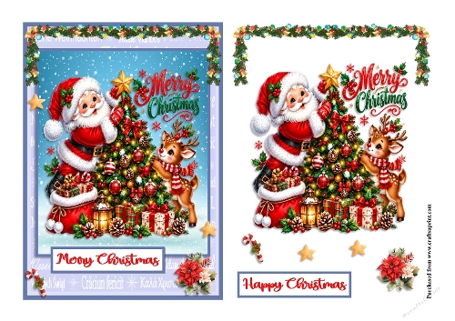 Santa Claus, Reindeer and tree Christmas greeting card
