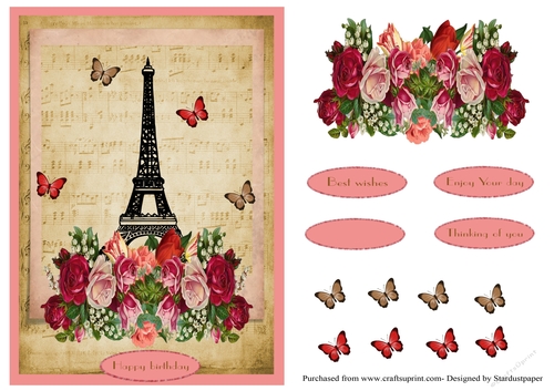 Paris greeting card with Eiffel Tower and flowers for birthday and many other occasions 