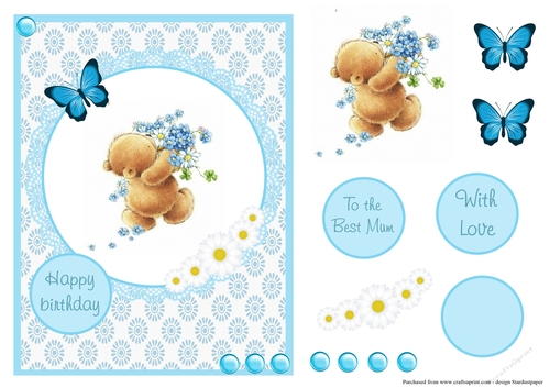 Happy Birthday greeting card with bear and flowers