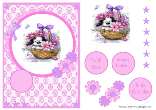 Birthday or Mothers day greeting card with cute dog and flowers