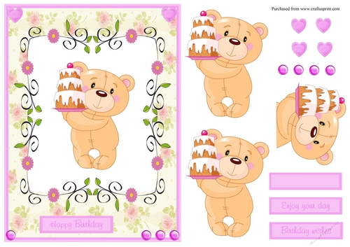 Birthday greeting card with bear and cake