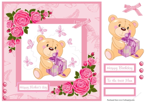 Happy mothers day greeting card with bear and gift