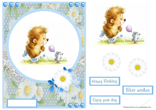Happy birthday greeting card with cute mouse and hedgehog