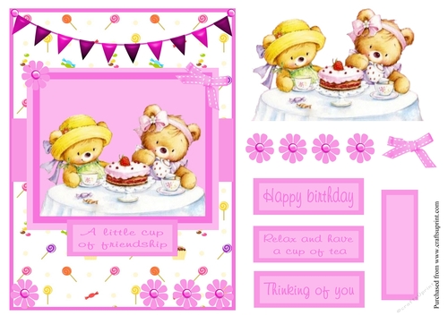 Friendship or birthday greeting card with bears drinking tea
