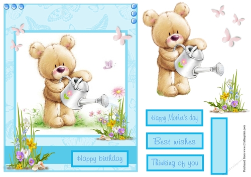 Happy birthday card with bear and watering can