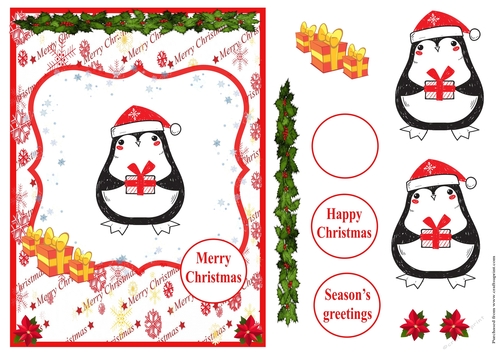 Merry Christmas greeting card with penguin in red