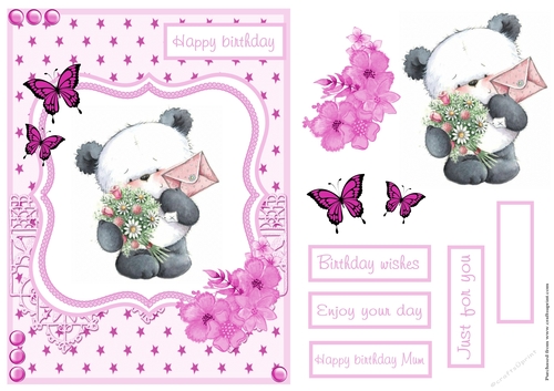 Birthday greeting card with panda hanging flowers and envelope