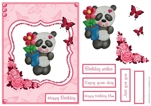Birthday greeting card with panda and flowers