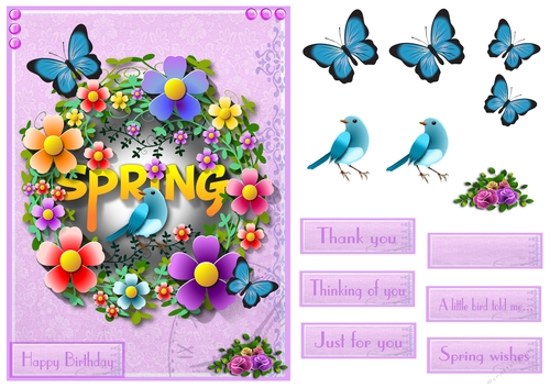 Birthday greeting card with Spring flowers and bird