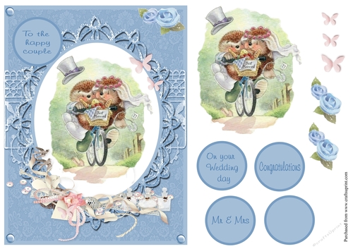 Wedding greeting card with bride and groom on bicycle