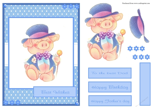 Male birthday card or Fathers day greeting card with a cute pig