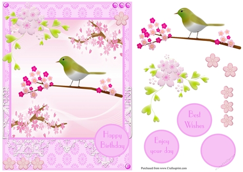 Birthday greeting card with Sakura flowers and bird