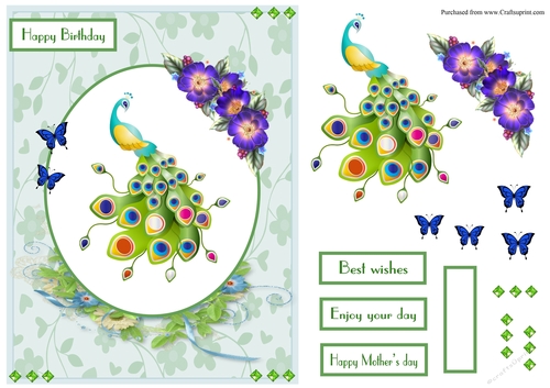 Female birthday greeting card with Peacock and flowers