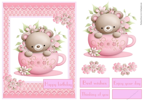 Birthday girl greeting card with cute teddy bear in a tea cup