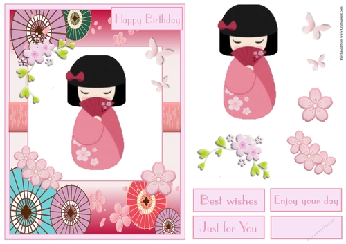 Birthday greeting card with Japanese doll 
