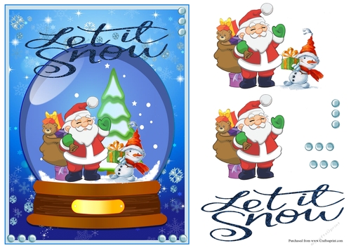 Christmas greeting card with Santa and snowman in a snow globe