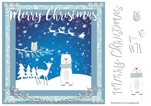 Merry Christmas greeting card with bear, reindeer and owl