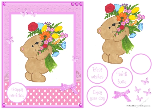Birthday greeting card with handmade bear and flowers