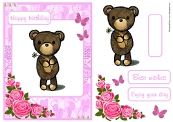 Birthday greeting card with bear and butterflies