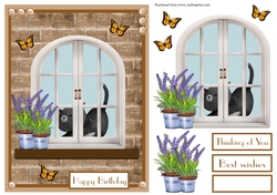 Birthday greeting card with a cat at the window and lavender flowers