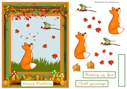 Birthday greeting card with a fox, a bird and Fall leaves