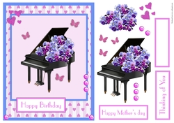 Birthday greeting card also for Mothers day with piano and flowers