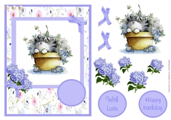Birthday greeting card with cute cat and flowers
