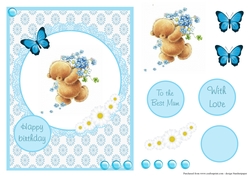 Happy Birthday greeting card with bear and flowers