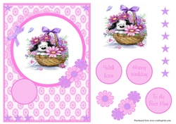 Birthday or Mothers day greeting card with cute dog and flowers