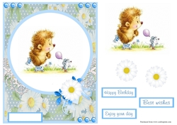 Happy birthday greeting card with cute mouse and hedgehog