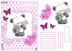 Birthday greeting card with panda hanging flowers and envelope