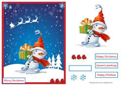 Christmas snowman with gift greeting card