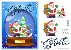 Christmas greeting card with Santa and snowman in a snow globe
