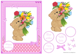 Birthday greeting card with handmade bear and flowers