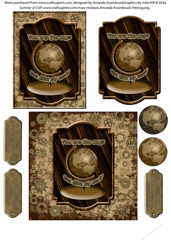 Cogs and Globe Vintage Male Birthday Anniversary Valentines Day Quick Decoupage Card