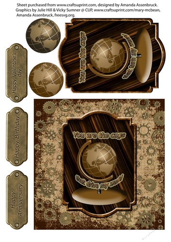 Cogs and Globe Vintage Male Birthday Anniversary Valentines Day Quick Decoupage Card Large