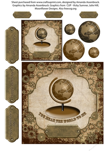 Cogs and Globe You mean the world to me Vintage Male Birthday Anniversary Valentines Decoupage