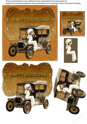 Model T Ford and Woman Vintage Decoupage Card