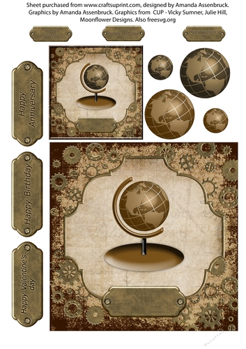 Cogs and Globe Vintage Male Birthday Anniversary Valentines Decoupage Card