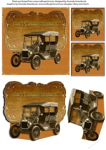 Sepia Model T Ford Male Anniversary Card A4 sheet with Decoupage