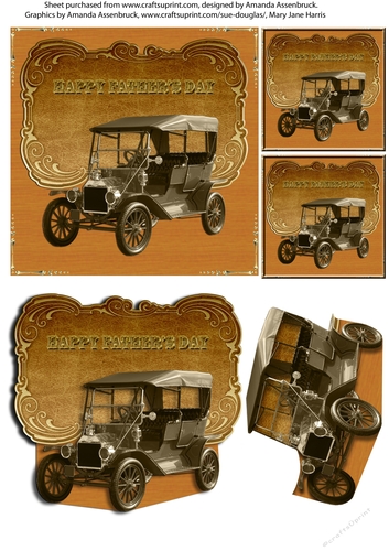 Sepia Model T Ford Male Fathers Day Card A4 sheet with Decoupage