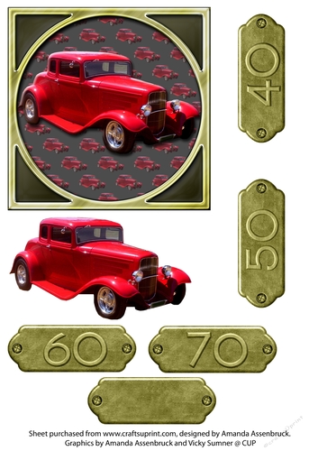 Vintage Red and Gold Hotrod Card Front with Birthday Tags