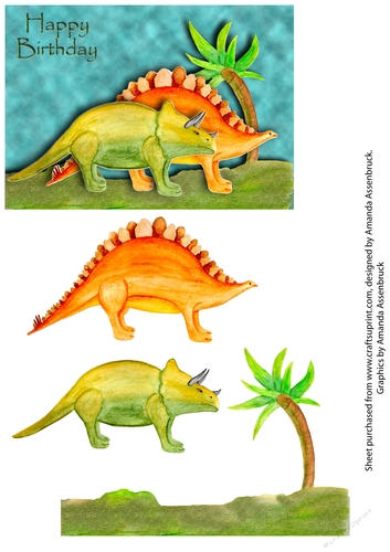 Dinosaur Water colour Step by Step Decoupage Birthday Card 1