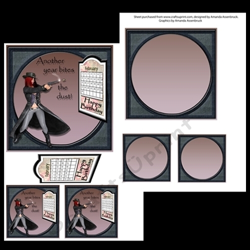 Funny Female Gunslinger 6x6 card kit Another Year Bites The Dust February Leap Year